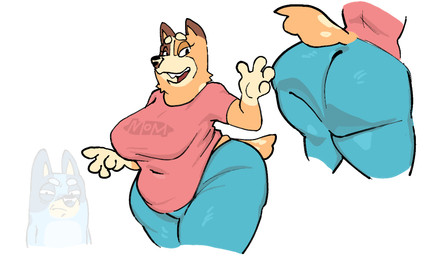 4_fingers ambiguous_anthro ambiguous_gender anthro belly bent_arm big_breasts big_butt black_eyes blue_bottomwear blue_clothing blue_pants bottomwear breasts brown_body brown_ears brown_fur brown_nose butt cheek_tuft circle_eyebrows clothed clothed_anthro clothed_female clothing duo eyebrows eyelashes facial_tuft fangs female female_anthro female_focus fingers front_view fully_clothed fully_clothed_anthro fully_clothed_female fur fur_tuft glistening glistening_bottomwear glistening_clothing glistening_nose glistening_pants gloves_(marking) half-closed_eyes huge_butt iris legs_together light_body light_fur long_eyelashes looking_at_viewer markings mature_anthro mature_female multicolored_body multicolored_fur multicolored_tail narrowed_eyes navel_outline neck_tuft no_pupils open_mouth open_smile orange_body orange_fur orange_inner_ear orange_tail overweight overweight_anthro overweight_female pants pink_clothing pink_shirt pink_t-shirt pink_text pink_topwear pointy_ears prick_ears red_tongue shirt simple_background smile smiling_at_viewer snout solo_focus standing t-shirt tail tan_eyebrows teeth text text_on_clothing text_on_shirt text_on_t-shirt text_on_topwear thick_eyebrows thick_thighs tongue topwear tuft two_tone_tail white_background white_body white_fur white_markings white_sclera white_tail wide_hipped_anthro wide_hipped_female wide_hips kardboardian bluey_(series) bluey_heeler chilli_heeler australian_cattle_dog canid canine canis cattledog domestic_dog herding_dog mammal pastoral_dog 2025 digital_drawing_(artwork) digital_media_(artwork) english_description english_text daughter_(lore) male_(lore) mother_(lore) parent_(lore)