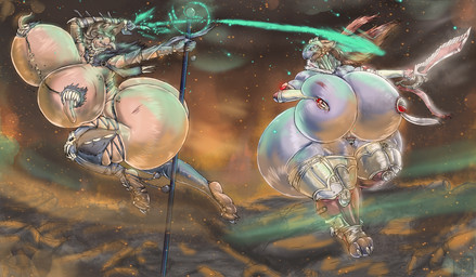 anthro armor big_breasts big_butt bracers breasts butt claws duo fantasy_weapon female flying huge_breasts huge_butt hyper hyper_breasts hyper_butt magic magic_user melee_weapon metal_pasties nipple_mouth non-mammal_breasts polearm ring spell staff sword tongue turkish_nipple_armor unconvincing_armor weapon xtrent968 mythology roo_(xtrent968) dragon mythological_creature mythological_scalie scalie 2014 hi_res