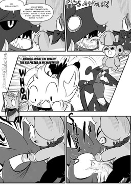 6_panel_comic ambiguous_gender anthro black_body black_fur black_sclera black_text bodily_fluids claws clenched_teeth dialogue exclamation_point eyelashes eyes_closed feral fur genital_fluids group looking_at_another male motion_lines open_mouth paws peeing peeing_in_mouth peeing_on_another pupils quadruped question_mark scarf sharp_teeth sound_effects speech_bubble tail talking_to_another teeth text tongue urine heavenlyproductions nintendo pokemon garchomp generation_2_pokemon generation_4_pokemon pokemon_(species) scizor shinx teddiursa 2025 absurd_res comic english_text hi_res monochrome signature female_(lore)