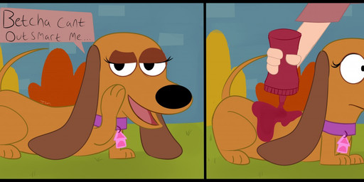 black_nose brown_body brown_fur collar collar_tag dialogue eyelashes female feral food fur holding_ketchup house_collar_tag ketchup long_ears pink_collar solo tail text janey_poodle hasbro pound_puppies pound_puppies_(2010) strudel canid canine canis dachshund domestic_dog hunting_dog mammal comic english_text