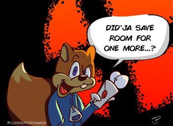 anthro blue_eyes buckteeth clothing dialogue ellipsis envelope fur letter logo looking_at_viewer male open_mouth question question_mark smile solo standing sweater teeth text tongue topwear vailrat conker's_bad_fur_day nintendo rareware super_smash_bros. conker animate_inanimate mammal rodent sciurid tree_squirrel english_text