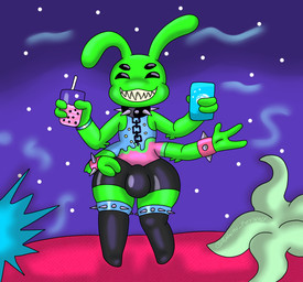 4_arms 4_eyes antennae_(anatomy) arm_spikes beverage black_clothing black_footwear black_socks bracelet bubble_tea bulge cellphone clothing collar electronics footwear green_body jewelry legband male multi_arm multi_eye multi_limb phone sharp_teeth socks space spiked_bracelet spiked_collar spiked_legband spikes spikes_(anatomy) teeth bagumy_awoo621 alien humanoid 2023 colorful_theme digital_media_(artwork)