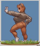 anthro beady_eyes bent_leg big_breasts big_butt biped black_eyes blue_background border bottomless bottomless_anthro bottomless_female breasts brown_body brown_fur brown_tuft butt casual_exposure clothed clothed_anthro clothed_female clothing countershade_face countershade_fur countershading empty_eyes eyelashes feet female female_anthro fingers fur fur_markings gesture gloves_(marking) grass grey_border grey_clothing grey_sweater grey_topwear grin grinning_at_viewer hand_gesture hand_on_hip hand_on_own_hip head_tuft humanoid_hands leg_markings looking_aside looking_at_viewer markings multicolored_body multicolored_fur on_grass plant plantigrade pose raised_heel rosy_cheeks short_tail simple_background smile smiling_at_viewer socks_(marking) solo standing sweater tail thick_thighs three-quarter_view topwear tuft two_tone_body two_tone_fur v_sign white_body white_countershading white_feet white_fur white_hands white_markings wide_hipped_anthro wide_hipped_female wide_hips ducod animal_crossing nintendo maple_(animal_crossing) bear mammal full-length_portrait hi_res pinup portrait