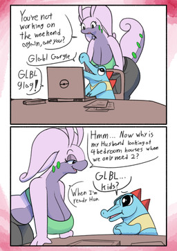 anthro big_breasts breasts cleavage clothed clothing dialogue duo female female_anthro husband_and_wife male male/female married_couple pleading_eyes text goopyarts mythology nintendo pokemon crocodilian dragon generation_2_pokemon generation_6_pokemon goo_creature goodra mythological_creature mythological_scalie pokemon_(species) reptile scalie totodile absurd_res comic english_text hi_res