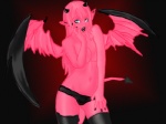 breasts clothed clothing female front_view horn leather membrane_(anatomy) membranous_wings panties pink_body pink_skin solo spade_tail standing tail topless underwear wings kinkyz akuma demon mammal 4:3 low_res pink_theme