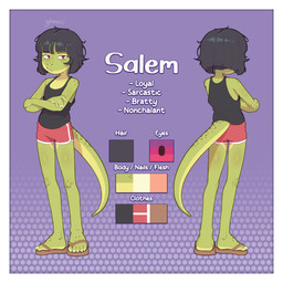 anthro athletic_wear black_hair border bottomwear clothing female flip_flops footwear freckles front_view green_body gym_bottomwear gym_shorts hair messy_hair rear_view red_eyes sandals shirt shoes short_hair shorts solo tank_top topwear white_border young young_female gheezz salem_(gheezz) gecko lizard reptile scalie absurd_res hi_res model_sheet