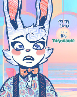 anthro bow_tie cheek_spots cheek_tuft clothing dialogue facial_tuft fur male open_mouth overalls solo text tuft white_body white_fur wide_eyed rawdawgcomics bingus_(rawdawgcomics) lagomorph leporid mammal rabbit 4:5 english_text hi_res
