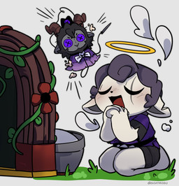 ambiguous_gender anthro button_(fastener) button_eyes character_plushie doll halo plush_stuffing plushie seam_(sewing) stiching stitch_(sewing) thread toy goatmogu cult_of_the_lamb massive_monster_(studio) fan_character goat_(cult_of_the_lamb) bovid caprine goat inanimate_object mammal sheep hi_res
