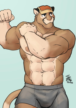 abs anthro blue_background bottomwear clothed clothing flexing flexing_bicep fur furgonomic_hat furgonomic_headwear furgonomics gloves_(marking) grey_bottomwear grey_clothing grey_shorts hat headgear headwear male markings muscular muscular_anthro muscular_male nipples obliques orange_clothing orange_hat orange_headwear pecs serratus shorts simple_background solo tail tan_body tan_fur topless shadowpawrai andre_(chirenbo) cougar felid feline mammal 2026 absurd_res dated hi_res signature