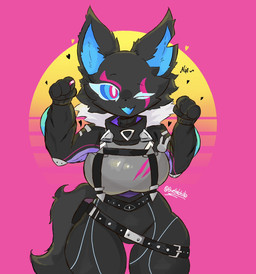 :3 anthro big_breasts black_body black_bodysuit black_clothing black_fur black_nose black_skinsuit blue_body blue_eyes blue_fur blue_sclera bodysuit breasts clothing eyelashes female fur one_eye_closed open_:3 pink_background pink_eyes simple_background skinsuit solo synthwave thigh_gap tight_clothing wink salchikokokoko epic_games fortnite pack_leader_highwire canid canine canis fox mammal wolf 2024 hi_res