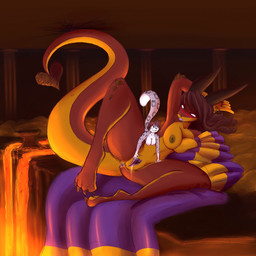 anthro big_breasts blush bodily_fluids breasts brown_hair cloth detailed_background duo female female/female fluffy fluffy_tail genital_fluids genitals hair hand_on_vulva horn lava long_hair long_tail looking_pleasured lying macro nipples on_side purple_insides raised_leg size_difference smile spade_tail spread_legs spread_vulva spreading tail vaginal_fluids vulva tgwonder mythology dragon felid leopard mammal mythological_creature mythological_scalie pantherine scalie 1:1 2015 colored hi_res