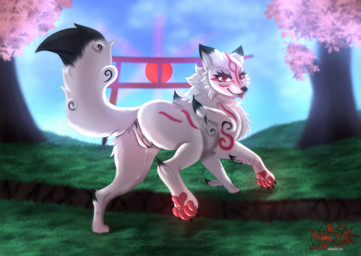 anus bodily_fluids cherry_blossom cherry_blossom_tree cherry_tree fangs female feral flower fruit_tree fur genital_fluids genitals grass humanoid_genitalia humanoid_genitalia_on_feral humanoid_vulva humanoid_vulva_on_feral looking_at_viewer markings pawpads paws plant prunus_(flower) red_eyes red_markings solo sun teeth tongue torii tree vaginal_fluids vulva white_body white_fur astralia capcom okami_(capcom) amaterasu_(okami) canid canine canis mammal wolf hi_res