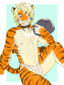 5_fingers anthro black_body black_fur black_stripes blep blonde_hair blue_background blue_cap butt chain chain_leash clothed clothing collar countershade_arms countershade_butt countershade_face countershade_fur countershade_hands countershade_legs countershade_thighs countershade_torso countershading cute_fangs fangs fingers fur geometric_background hair hat headgear headwear holding_own_leash inner_ear_fluff jockstrap jockstrap_only leash leashed_collar male markings newsboy_cap nipples orange_body orange_fur pink_nipples pink_nose pink_tongue simple_background solo striped_body striped_fur striped_markings striped_tail stripes tail tail_markings teeth tongue tongue_out topless tuft underwear underwear_only white_body white_clothing white_countershading white_fur white_jockstrap white_underwear yuuko891 felid mammal pantherine tiger 2026 digital_drawing_(artwork) digital_media_(artwork) hi_res portrait three-quarter_portrait