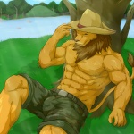 abs anthro belt biceps big_muscles bottomwear bulge clothed clothing eyes_closed flexing fur grass hat headgear headwear male mane muscular muscular_anthro muscular_male outside pecs plant pose river shorts solo tail topless tree water wood wildheit felid lion mammal pantherine 1:1 2012