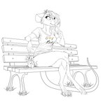 anthro bench bottomless clothed clothing cracker digitigrade female feral food grass harness lead leash long_tail pantsless plant shirt simple_background sitting t-shirt tail topwear deerwalker mammal murid murine rat rodent 1:1 hi_res line_art