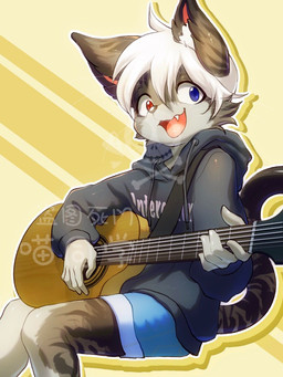 5_fingers acoustic_guitar adolescent anthro biped black_body black_clothing black_fur black_hoodie black_stripes black_topwear blue_bottomwear blue_clothing blue_eyes blue_shorts bottomwear cheek_tuft clothed clothing facial_tuft fangs fingers fur grey_clothing grey_hoodie grey_topwear guitar hair happy heterochromia hoodie inner_ear_fluff kemono male markings musical_instrument open_mouth pink_inner_ear playing_guitar playing_music plucked_string_instrument red_eyes shorts simple_background solo string_instrument striped_body striped_fur striped_markings striped_tail stripes tail tail_markings teeth text text_on_clothing text_on_hoodie text_on_topwear tongue topwear tuft white_hair white_inner_ear_fluff young young_anthro young_male ffjjfjci domestic_cat felid feline felis mammal 2021 3:4 hi_res