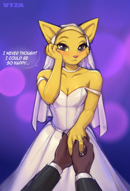 ambiguous_gender ambiguous_pov anthro bodily_fluids breasts cleavage clothed clothing crying digit_ring dress duo female first_person_view fur hand_holding happy jewelry looking_at_viewer ring romantic romantic_couple tears tears_of_joy wedding wedding_dress wedding_ring wedding_veil white_clothing white_dress yellow_body yellow_fur vtza microsoft prequel_adventure the_elder_scrolls katia_managan felid khajiit mammal 2024 hi_res