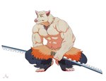 anthro body_hair bottomwear chest_hair claws clothing crouching fur grey_body grey_fur grumpy looking_away male melee_weapon muscular muscular_anthro muscular_male pants solo sword weapon audiophilliac demon_slayer kimetsu_no_yaiba inosuke_hashibira humanoid mammal suid suina sus_(pig) wild_boar hi_res