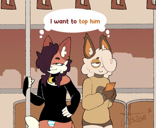 anthro brown_hair bulge choker duo femboy fluffy_ears fur hair jewelry male metro necklace piercing smug smug_face tan_body tan_fur starlit_aster canid canine fox mammal hi_res
