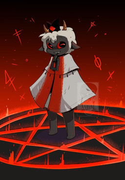 anthro bell bell_collar collar fur horn looking_at_viewer magic magic_circle red_eyes red_sclera smile white_body white_fur white_wool wool_(fur) aveloka cult_of_the_lamb massive_monster_(studio) lamb_(cult_of_the_lamb) red_crown_(cult_of_the_lamb) bovid caprine mammal sheep 2023 digital_media_(artwork) hi_res