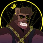 abstract_background anthro black_nose black_sclera brown_body brown_fur brown_hair chain fur grin hair male smile solo teeth melaisen bear demon mammal 1:1 2022 absurd_res bust_portrait digital_drawing_(artwork) digital_media_(artwork) hi_res portrait