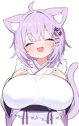 accessory ahoge big_breasts blush breasts clothing female hair hair_accessory huge_breasts looking_at_viewer open_mouth open_smile purple_hair simple_background smile smiling_at_viewer solo standing tail zazami_d hololive vtuber okayu_nekomata animal_humanoid cat_humanoid felid felid_humanoid feline feline_humanoid humanoid mammal mammal_humanoid 5:8 hi_res