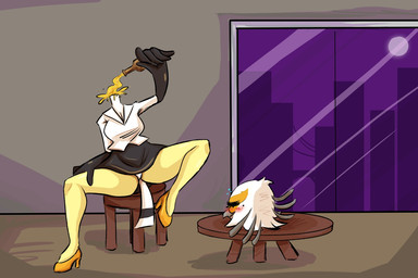 anthro beverage black_bottomwear black_clothing black_skirt bottle bottomwear clothing container detachable detachable_head drinking feathers female footwear furniture headless high_heels inside modular multicolored_body night panties shirt shoes skirt solo stool table topwear underwear white_body white_clothing white_feathers white_panties white_shirt white_topwear white_underwear yellow_body iwantcheeseburger aggretsuko european_mythology irish_mythology mythology sanrio secretary_washimi accipitriform avian bird dullahan secretary_bird 2025 3:2