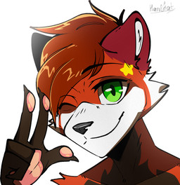 anthro black_nose brown_body brown_fur facial_markings fur gesture green_eyes hand_gesture head_markings looking_at_viewer male markings multicolored_body multicolored_fur one_eye_closed orange_body orange_fur pawpads pink_pawpads simple_background solo star_(marking) v_sign white_background white_body white_fur wink winking_at_viewer yellow_markings harucat ailurid mammal red_panda hi_res portrait