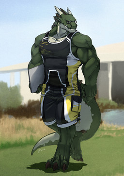 4_toes abs anisodactyl anthro barefoot biceps big_muscles bottomwear brown_eyes claws clothed clothing computer detailed_background digitigrade ear_piercing electronics eyewear feet glasses grass green_body horn laptop male membrane_(anatomy) multicolored_body muscular muscular_anthro muscular_male outside piercing plant shirt shorts sky solo sportswear tail tank_top teeth thick_tail toes topwear two_tone_body walking water white_body fliegen80s mythology dragon mythological_creature mythological_scalie scalie wingless_dragon 2016 colored digital_media_(artwork) hi_res shaded watermark