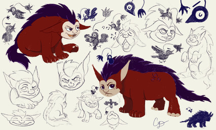 ambiguous_gender big_front_paws duo female fennec_ears feral flat_back_feet fur hair human_faced_feral little_bird maroon_fur purple_hair random_mythical_beast red_body red_fur serious_face signing sitting standing thejadeunicorn telegram avian bird fantasy_creature absurd_res hi_res nonbinary_(lore)