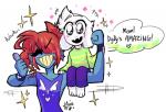 anthro blue_body blue_skin clothing dialogue duo female laugh male shirt simple_background smile sparkles text topwear white_background young katelynntheg undertale undertale_(series) asriel_dreemurr undyne boss_monster_(undertale) bovid caprine fish goat mammal marine 2016 english_text