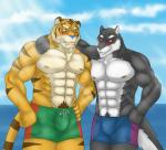 abs anthro athletic biceps big_muscles black_body black_fur blue_eyes blue_nose blush bottomwear brown_body brown_fur bulge chest_tuft claws clothed clothing detailed_background duo fangs front_view fur grey_body grey_fur grey_nose grin hair heterochromia male markings muscular muscular_male nipples orange_body orange_fur outside pecs pose pubes purple_eyes scar sea seascape shorts sky smile standing stripes swimming_trunks swimwear tan_body tan_fur teeth topless tuft water kraidhiel canid canine canis felid mammal pantherine tiger wolf