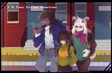 ambiguous_gender ambiguous_human anthro breasts clothed clothing eyewear female fur glasses group hair male non-mammal_breasts scarf smile tomboy white_body white_fur kly_dj159 deltarune undertale_(series) kris_dreemurr ralsei susie_(deltarune) bovid caprine darkner goat human mammal reptile scalie 2018 digital_media_(artwork) hi_res