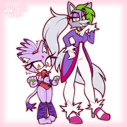 abs alternate_costume anthro barefoot belt black_nose blush blush_lines bottomwear breasts claws clothed clothing clothing_swap colored_nails cosplay crossover_cosplay dipstick_tail duo embarrassed eyelashes eyeshadow featureless_feet feet female finger_claws footwear forehead_gem front_view fur gem gloves green_highlights green_nails grey_body grey_fur grey_hair hair handwear highlights_(coloring) legwear looking_at_viewer machine makeup markings nails navel_outline open_mouth open_smile pants pattern_clothing pattern_legwear pink_clothing pink_footwear pink_shoes plantigrade ponytail purple_body purple_clothing purple_eyeshadow purple_fur purple_legwear purple_topwear red_bottomwear red_clothing red_topwear shoes shoulder_pads simple_background size_difference smile spiked_belt spikes striped_clothing striped_legwear stripes tail tail_markings thick_thighs topwear white_background white_bottomwear white_clothing white_gloves white_handwear white_pants wide_hips yellow_eyes goldyrose22 five_nights_at_freddy's five_nights_at_freddy's:_security_breach scottgames sega sonic_the_hedgehog_(series) steel_wool_studios blaze_the_cat roxanne_wolf animatronic canid canine canis domestic_cat felid feline felis mammal robot wolf 1:1 2024 crossover dated digital_media_(artwork) hi_res