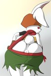 2017 anthro anus bottomwear bottomwear_down butt clothed clothing dragon_ball dragon_ball_super female genitals hat headgear headwear hi_res lagomorph leporid looking_at_viewer mammal mouth_closed pants pants_down partially_clothed presenting presenting_hindquarters pussy rabbit rear_view red_eyes red_scarf scarf scut_tail short_tail smile solo sorrel tagme tail unknown_artist