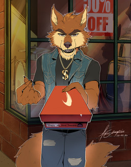 5_fingers anthro bio_in_description black_nose box brown_body brown_fur claws clothing container finger_claws fingers fur gold_(metal) gold_jewelry gold_necklace jewelry leather leather_clothing leather_topwear leather_vest male necklace shirt smile solo topwear vest zcorpionwulf kyle_reynolds canid canine canis coyote mammal 2026 dated hi_res signature story story_in_description