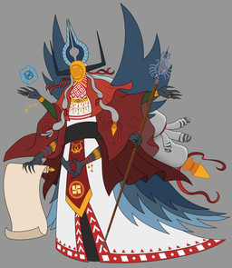 6_arms 6_wings bracelet clothing grey_hair hair horn jewelry long_hair male mask multi_arm multi_limb multi_wing necklace ring scepter shirt solo topwear tunic wings rub_lug daeva humanoid absurd_res hi_res