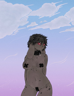 anthro black_hair breasts brown_body brown_fur camel_toe clitoris collar female floppy_ears fur genitals hair markings mostly_nude nipple_tape pasties pixie_cut pussy_peek pussy_tape red_eyes red_sclera simple_background solo spots spotted_body spotted_fur spotted_markings studded_collar studs tape wide_eyed tideripples max_(tideripples) lagomorph leporid mammal rabbit hi_res