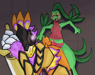 against_surface against_wall anthro armor blush butt clothed clothing duo erection female genitals glowing glowing_eyes headgear helmet leaning leaning_forward looking_back male male/female penis presenting presenting_hindquarters ashfordkingston nintendo pokemon chic_tendie lanciot aegislash combusken generation_3_pokemon generation_6_pokemon grovyle pokemon_(species) hi_res
