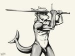 anthro balls fin foreskin genitals gills hair long_hair looking_away male melee_weapon muscular muscular_anthro muscular_male nude penis ponytail pose solo sword tail tail_fin tasteful_nudity weapon krahs_tsai fish marine shark absurd_res black_and_white hi_res monochrome