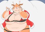 anthro antlers belly brown_body brown_fur christmas_clothing clothing fur holidays horn male markings moobs navel overweight present_sack skimpy_bikini solo spots spotted_body spotted_fur thong underwear gabu2929 christmas tamacolle kazusa deer mammal absurd_res hi_res