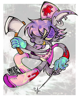 anthro axe blood bodily_fluids clothing female gloves grin handwear nurse panties smile solo syringe underwear morgue2025 princess_(lilstarlite) hyena mammal