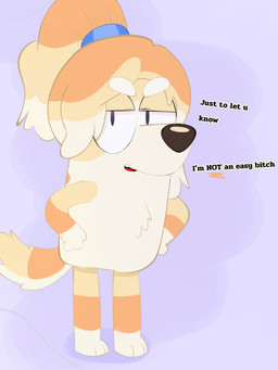 accessory anthro black_nose chest_tuft dialogue female fur hair_accessory hair_tie looking_at_viewer narrowed_eyes orange_body orange_fur ponytail_ears pose profanity solo talking_to_viewer tan_body tan_fur tuft white_body white_fur lexusart616 bluey_(series) frisky_(bluey) bird_dog canid canine canis cocker_spaniel domestic_dog hunting_dog mammal spaniel 2026 3:4 digital_media_(artwork) hi_res portrait