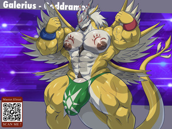 abs anthro areola armor barely_contained barely_contained_penis biceps bulge clothing genitals headgear helmet male muscular muscular_anthro muscular_male nipples pecs penis penis_base qr_code solo thong underwear wings yellow_body masterelrest bandai_namco digimon digimon_(species) goldramon scalie hi_res
