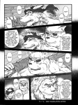 3:4 anthro canid canine canis comic dialogue domestic_dog english_text felid greyscale hi_res jin_(artist) lion male mammal monochrome overweight pantherine slightly_chubby text translated wolf