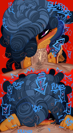 anthro big_penis blue_body blue_fur blue_hair blush blush_lines bodily_fluids breasts brown_body brown_countershading brown_skin countershading deep_throat dreadlocks fellatio female first_person_view fur genitals hair humanoid_genitalia humanoid_penis looking_at_viewer oral oral_penetration penetration penile penis pirate pubes purple_eyes red_tongue saliva sex tan_body tan_skin tongue tongue_out tongue_out_fellatio vein veiny_penis goatboydraws bloons_tower_defense ninja_kiwi admiral_brickell dread_pirate_brickell haplorhine mammal monkey primate 2koma comic hi_res