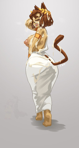 anthro areola barefoot big_breasts big_butt black_nose bodily_fluids breasts brown_areola brown_body brown_eyes brown_fur brown_hair brown_nipples butt clothed clothing cum cum_covered eyelashes feet female fur genital_fluids grey_background hair hand_behind_head heart_eyes heart_symbol lactating laurel_wreath looking_at_viewer looking_back looking_back_at_viewer messy narrowed_eyes nipples open_mouth rear_view short_hair simple_background solo thick_thighs toga topless whiskers white_clothing wide_hips yellow_sclera tap34 gameoverse glitch_productions kit_bodega domestic_cat felid feline felis mammal hi_res