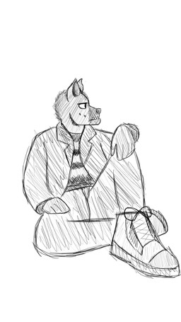 anthro grumpy male sitting solo unknown_artist aggretsuko sanrio haida_(aggretsuko) hyena mammal spotted_hyena hi_res monochrome