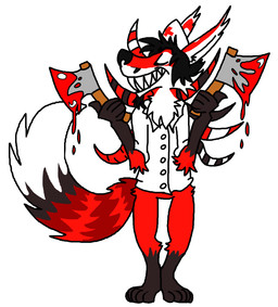 anthro axe black_hair blood bodily_fluids clothed clothing eyes_closed facial_hair fur hair headgear headwear looking_aside male melee_weapon nurse nurse_clothing nurse_headwear pseudo_hair red_body red_fur red_tail simple_background smile solo tail teeth tentacle_hair tentacles toony weapon white_body white_clothing white_fur lerusk lapfox_trax renard_queenston canid canine fox mammal