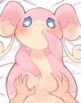 ambiguous_gender anthro audino bed bedding bedding_background belly_grab biped blue_sclera blush disembodied_hand duo featureless_crotch fur furniture generation_5_pokemon hi_res himimi humanoid_hands lying mammal nintendo on_back on_bed pink_body pink_fur pokemon pokemon_(species) slightly_chubby tan_body tan_fur white_eyes
